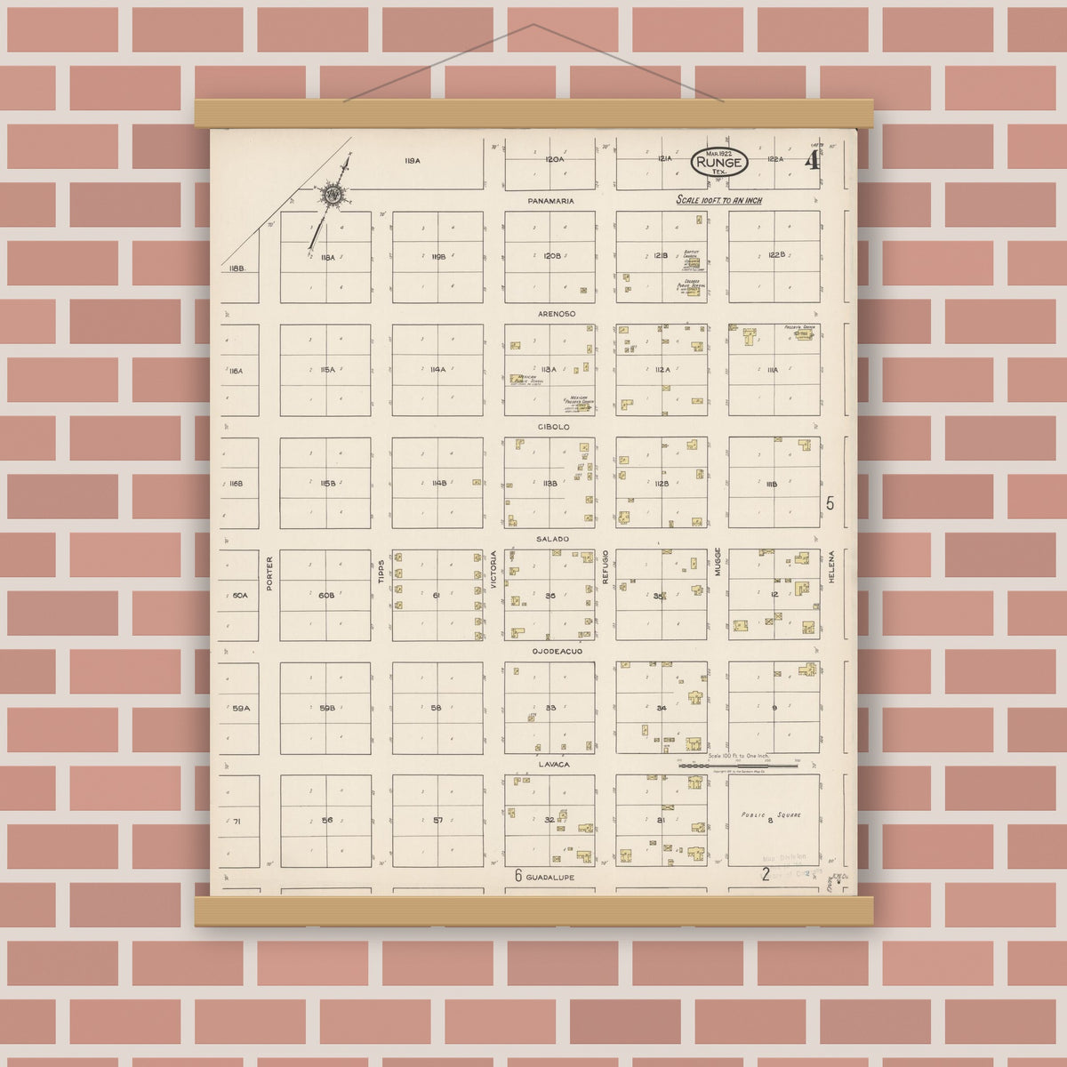 Old map wall art mockup — magnetic wood frame on brick wall — Sanborn Fire Insurance Map from Runge, Karnes County, Texas (1922), Sheet #0004