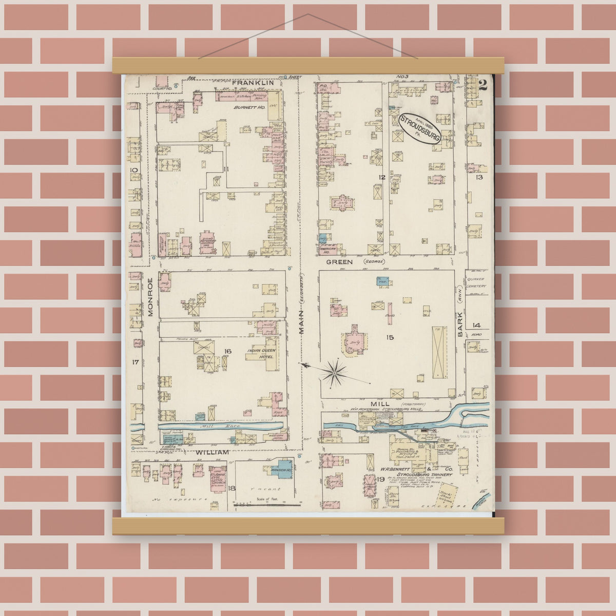 Old map wall art mockup — magnetic wood frame on brick wall — Sanborn Fire Insurance Map from Stroudsburg, Monroe County, Pennsylvania (1885), Sheet #0002