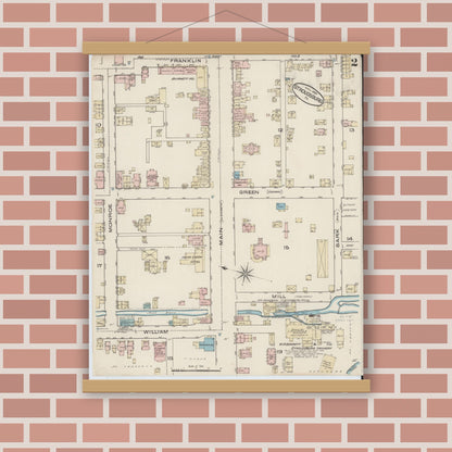 Old map wall art mockup — magnetic wood frame on brick wall — Sanborn Fire Insurance Map from Stroudsburg, Monroe County, Pennsylvania (1885), Sheet #0002