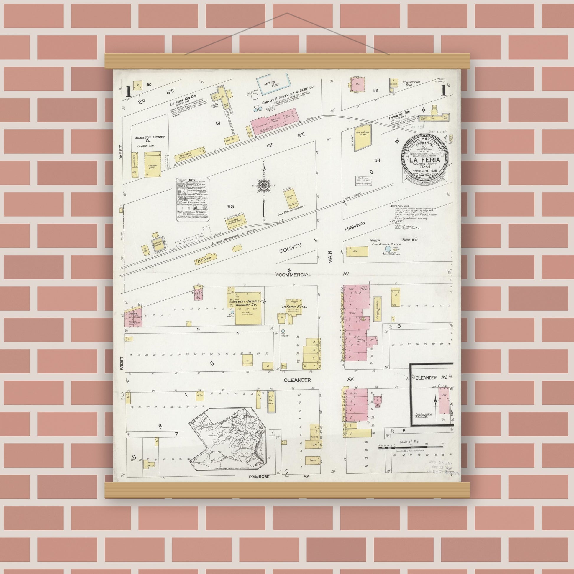 Old map wall art mockup — magnetic wood frame on brick wall — Sanborn Fire Insurance Map from La Feria, Cameron County, Texas (1925), Sheet #0001
