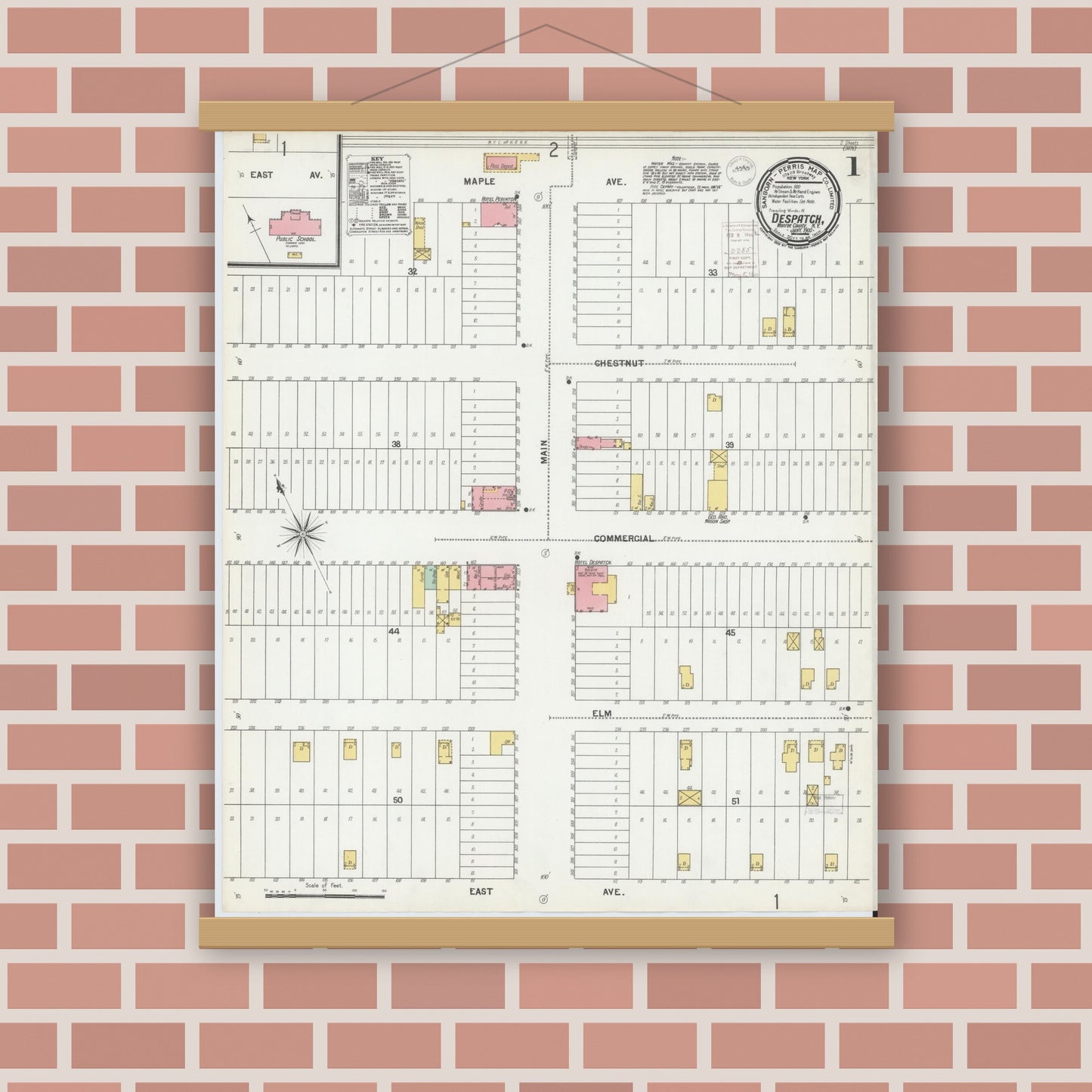 Old map wall art mockup — magnetic wood frame on brick wall — Sanborn Fire Insurance Map from Despatch, Monroe County, New York (1900) - Complete Map Set