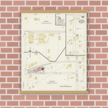 Old map wall art mockup — magnetic wood frame on brick wall — Sanborn Fire Insurance Map from De Land, Volusia County, Florida (1915), Sheet #0012