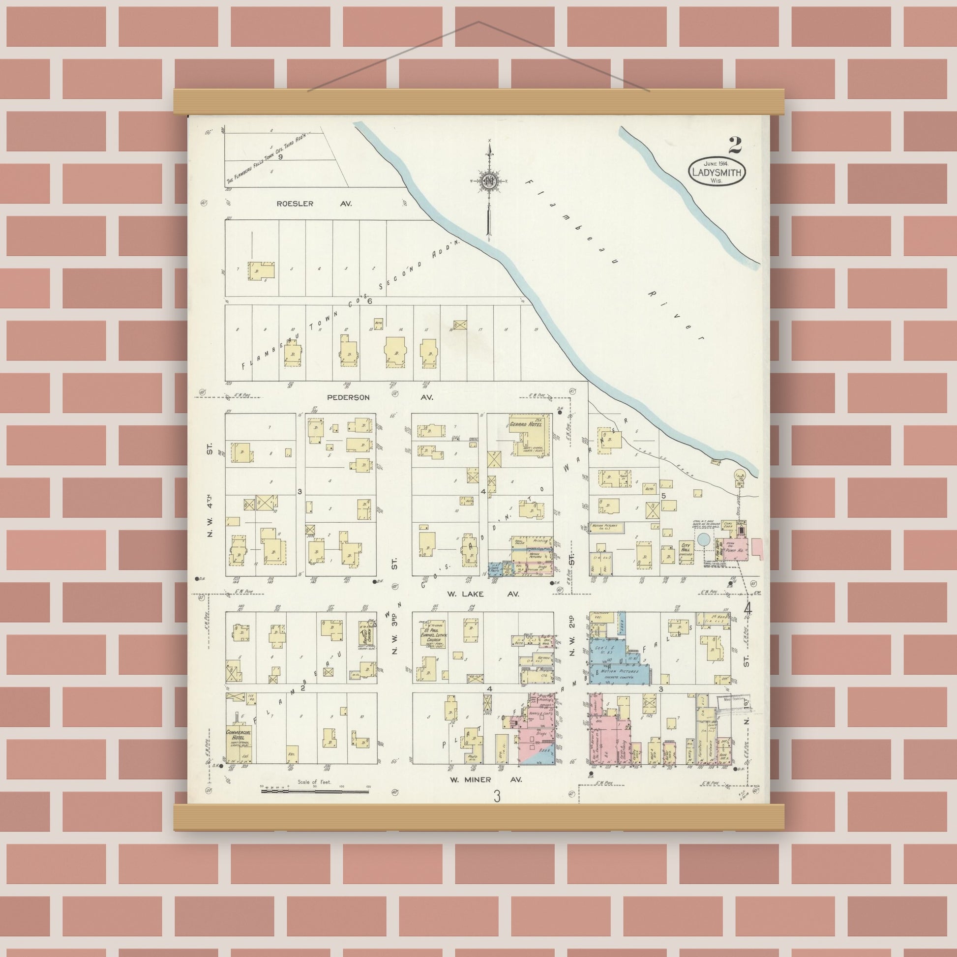 Old map wall art mockup — magnetic wood frame on brick wall — Sanborn Fire Insurance Map from Ladysmith, Rusk County, Wisconsin (1914), Sheet #0002