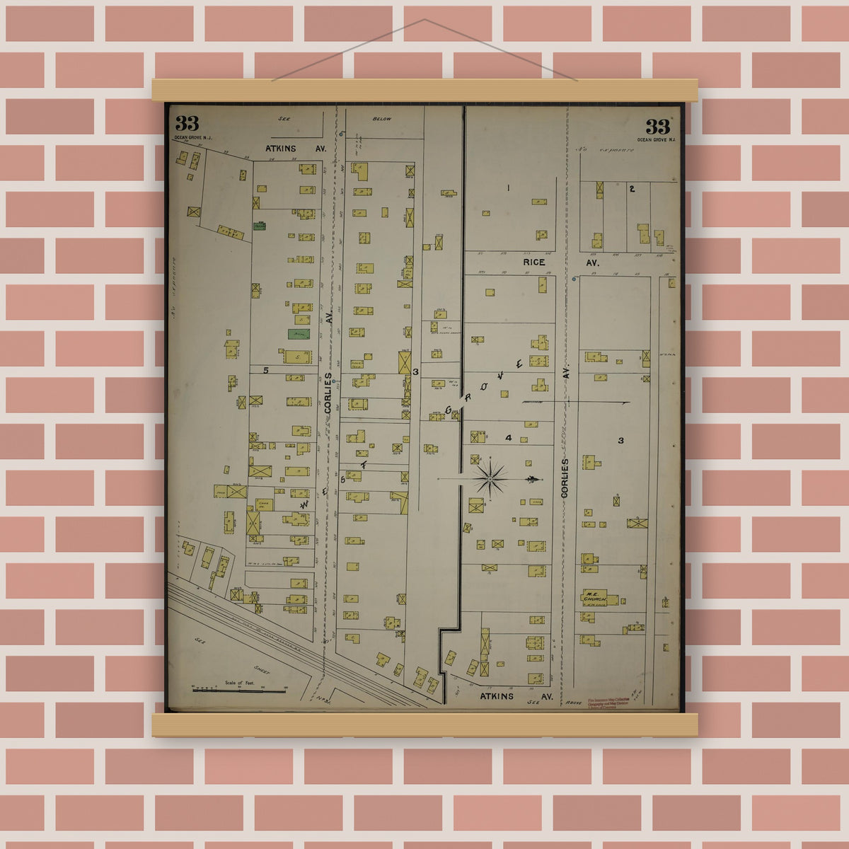 Old map wall art mockup — magnetic wood frame on brick wall — Sanborn Fire Insurance Map from New Jersey Coast, New Jersey Coast, New Jersey (1890), Sheet #0033