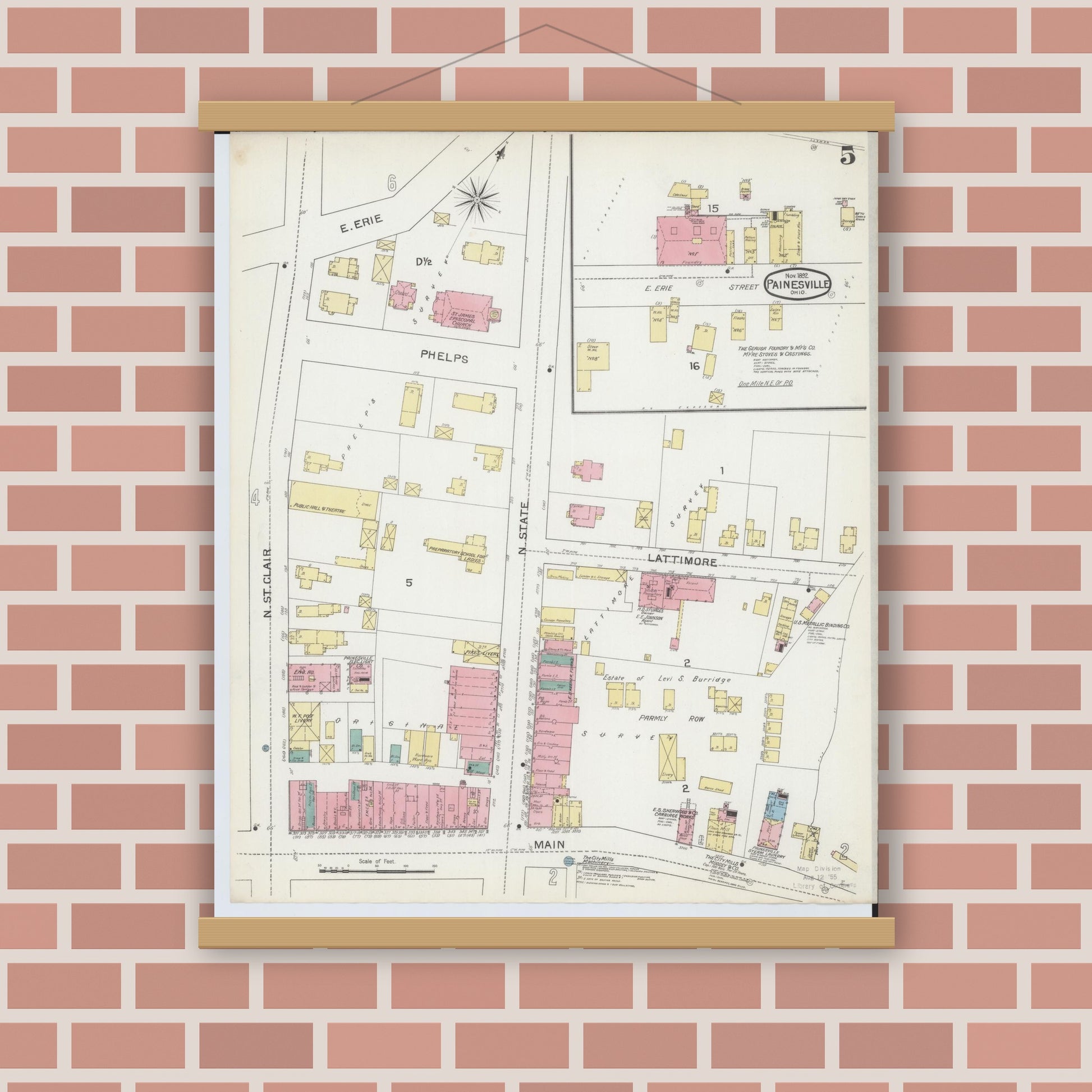 Old map wall art mockup — magnetic wood frame on brick wall — Sanborn Fire Insurance Map from Painesville, Lake County, Ohio (1892), Sheet #0005