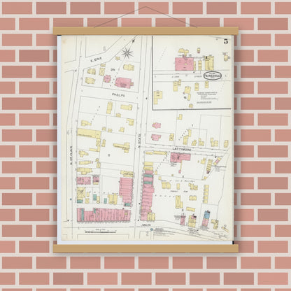 Old map wall art mockup — magnetic wood frame on brick wall — Sanborn Fire Insurance Map from Painesville, Lake County, Ohio (1892), Sheet #0005