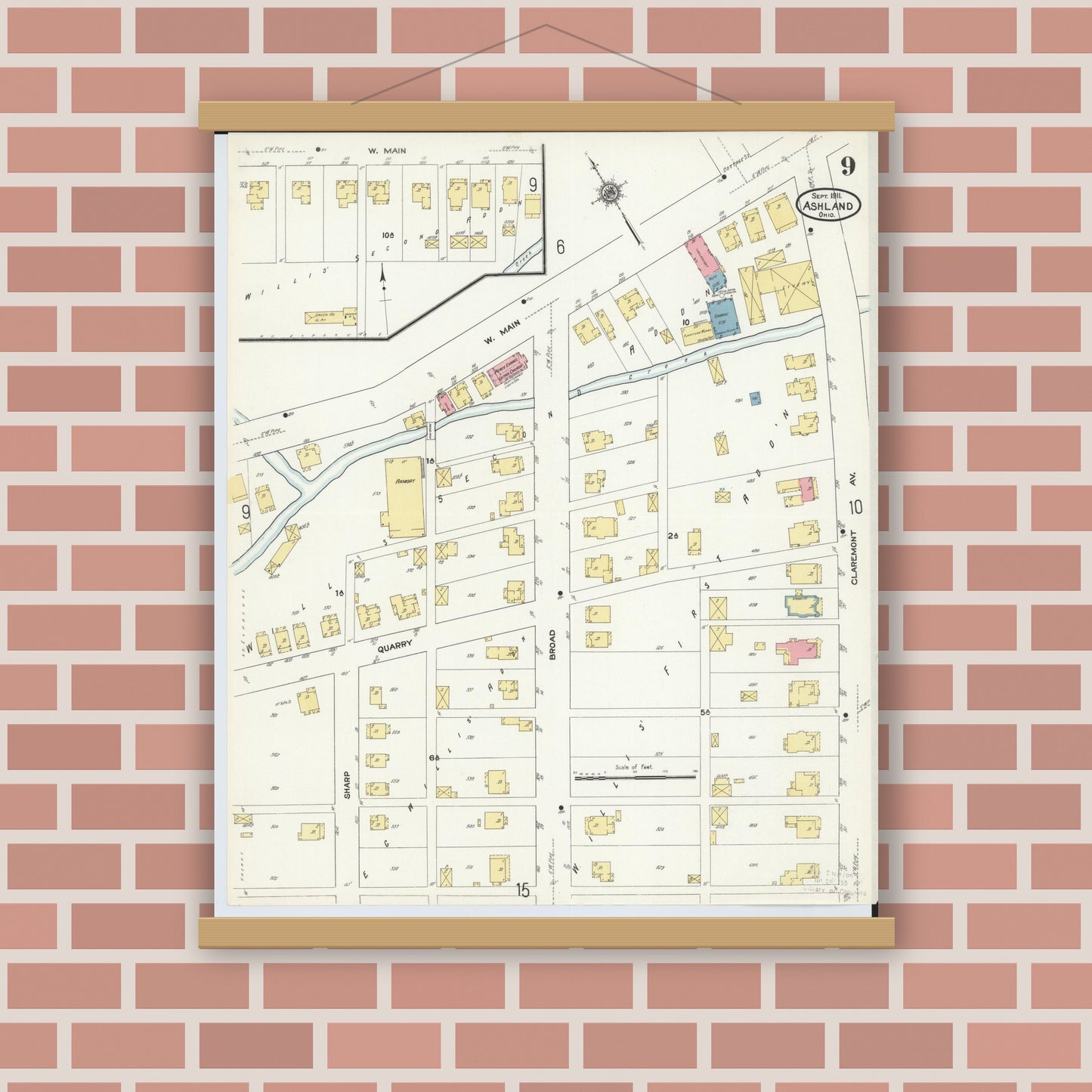 Old map wall art mockup — magnetic wood frame on brick wall — Sanborn Fire Insurance Map from Ashland, Ashland County, Ohio (1911), Sheet #0009
