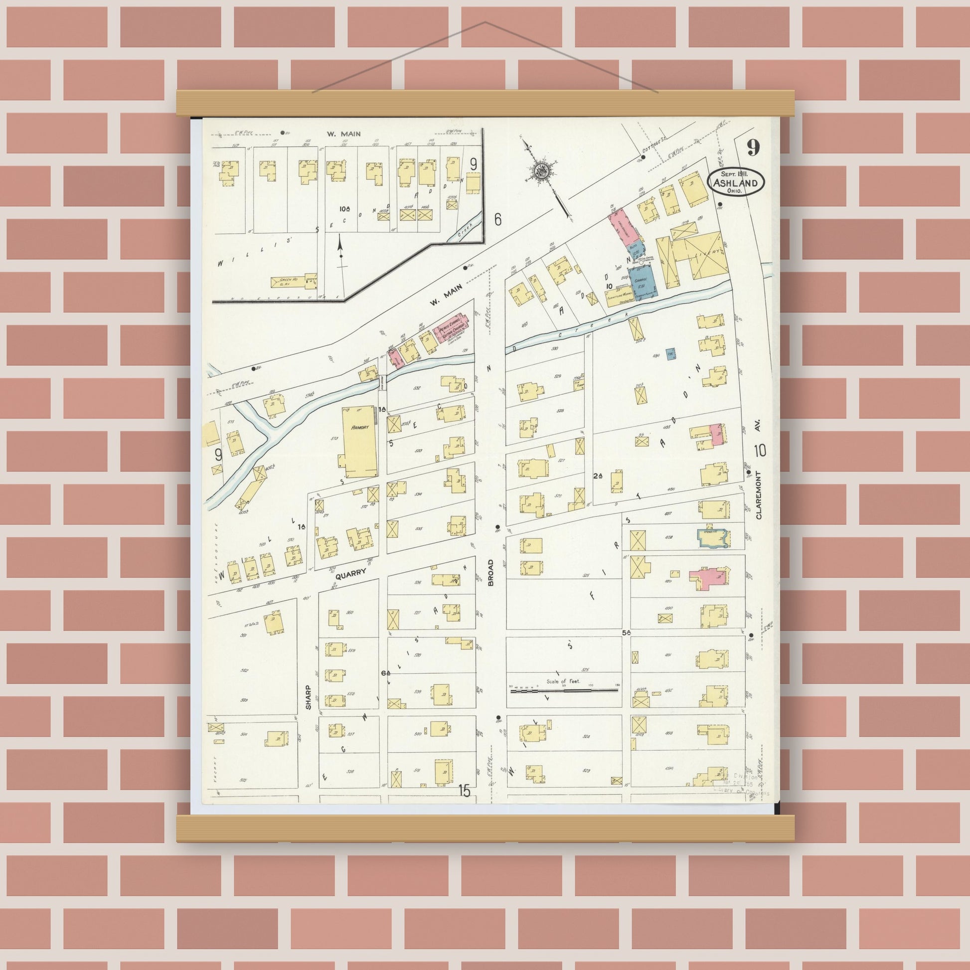 Old map wall art mockup — magnetic wood frame on brick wall — Sanborn Fire Insurance Map from Ashland, Ashland County, Ohio (1911), Sheet #0009