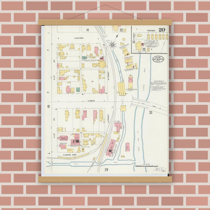 Old map wall art mockup — magnetic wood frame on brick wall — Sanborn Fire Insurance Map from Newark, Licking County, Ohio (1905), Sheet #0020
