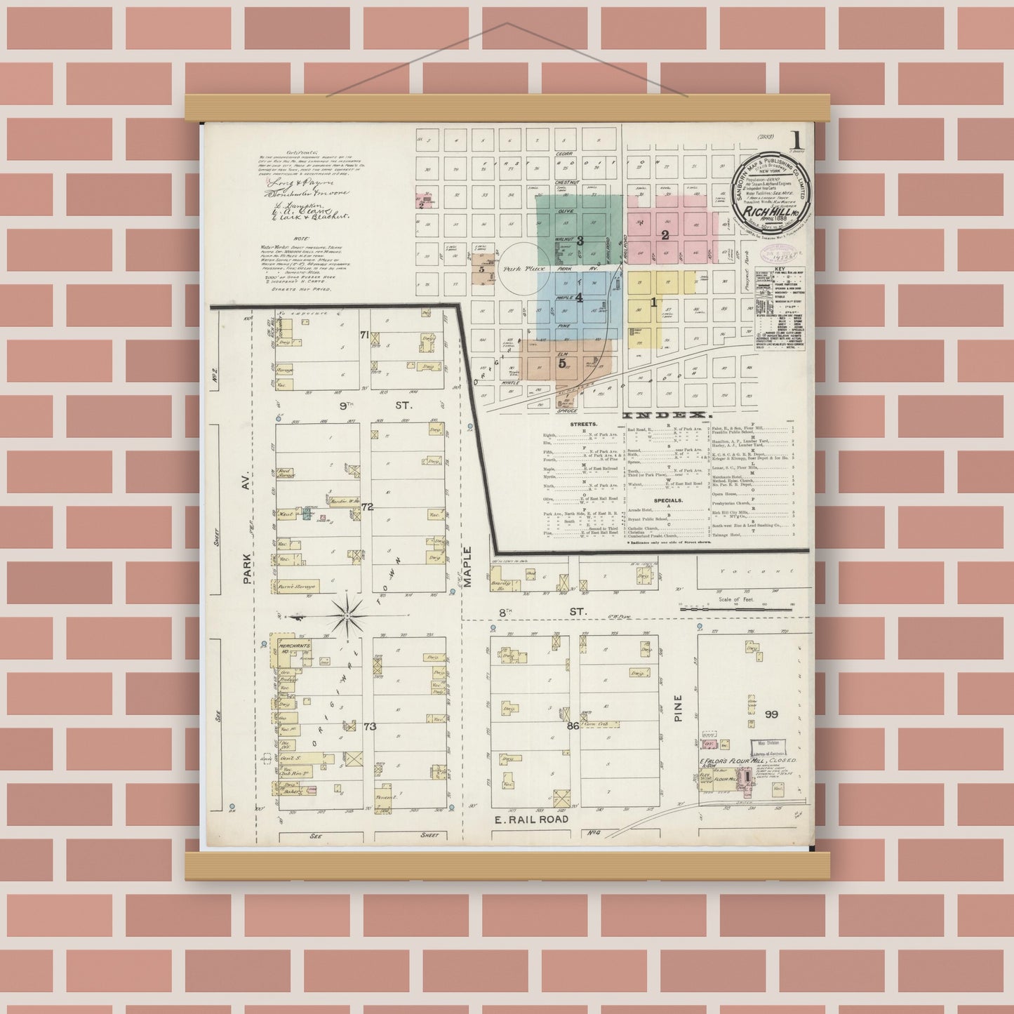 Old map wall art mockup — magnetic wood frame on brick wall — Sanborn Fire Insurance Map from Rich Hill, Bates County, Missouri (1888) - Complete Map Set