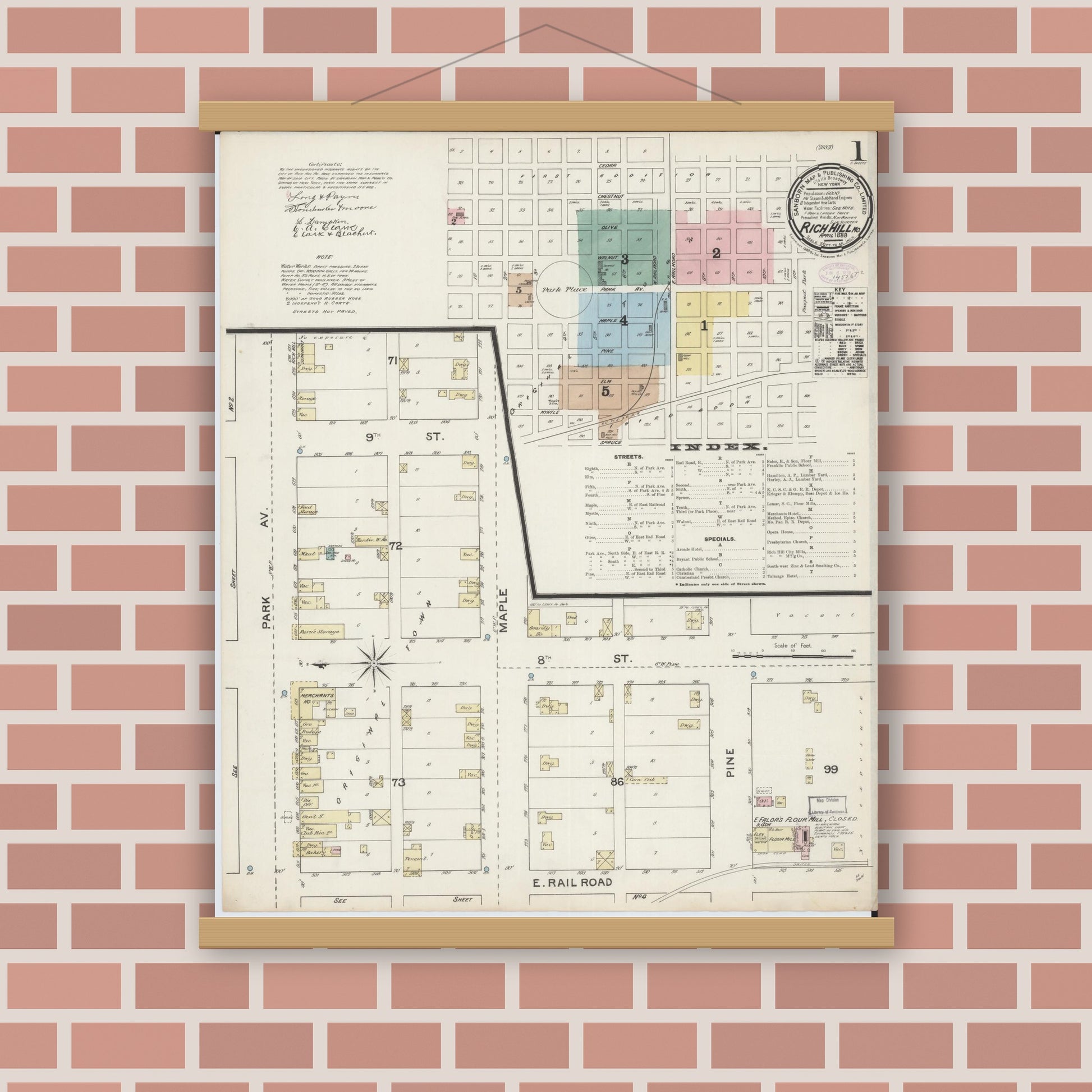 Old map wall art mockup — magnetic wood frame on brick wall — Sanborn Fire Insurance Map from Rich Hill, Bates County, Missouri (1888) - Complete Map Set