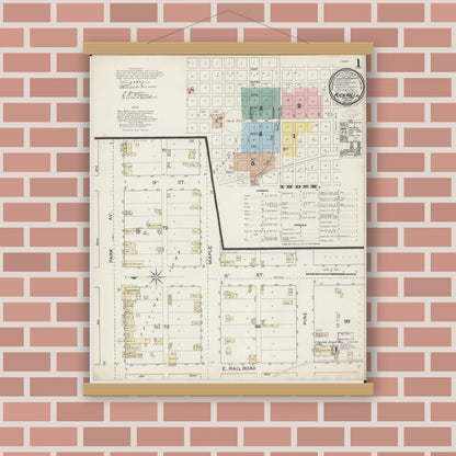 Old map wall art mockup — magnetic wood frame on brick wall — Sanborn Fire Insurance Map from Rich Hill, Bates County, Missouri (1888) - Complete Map Set