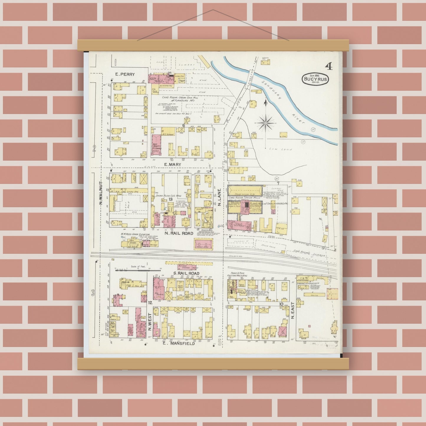 Old map wall art mockup — magnetic wood frame on brick wall — Sanborn Fire Insurance Map from Bucyrus, Crawford County, Ohio (1892), Sheet #0004