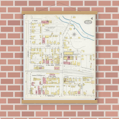 Old map wall art mockup — magnetic wood frame on brick wall — Sanborn Fire Insurance Map from Bucyrus, Crawford County, Ohio (1892), Sheet #0004