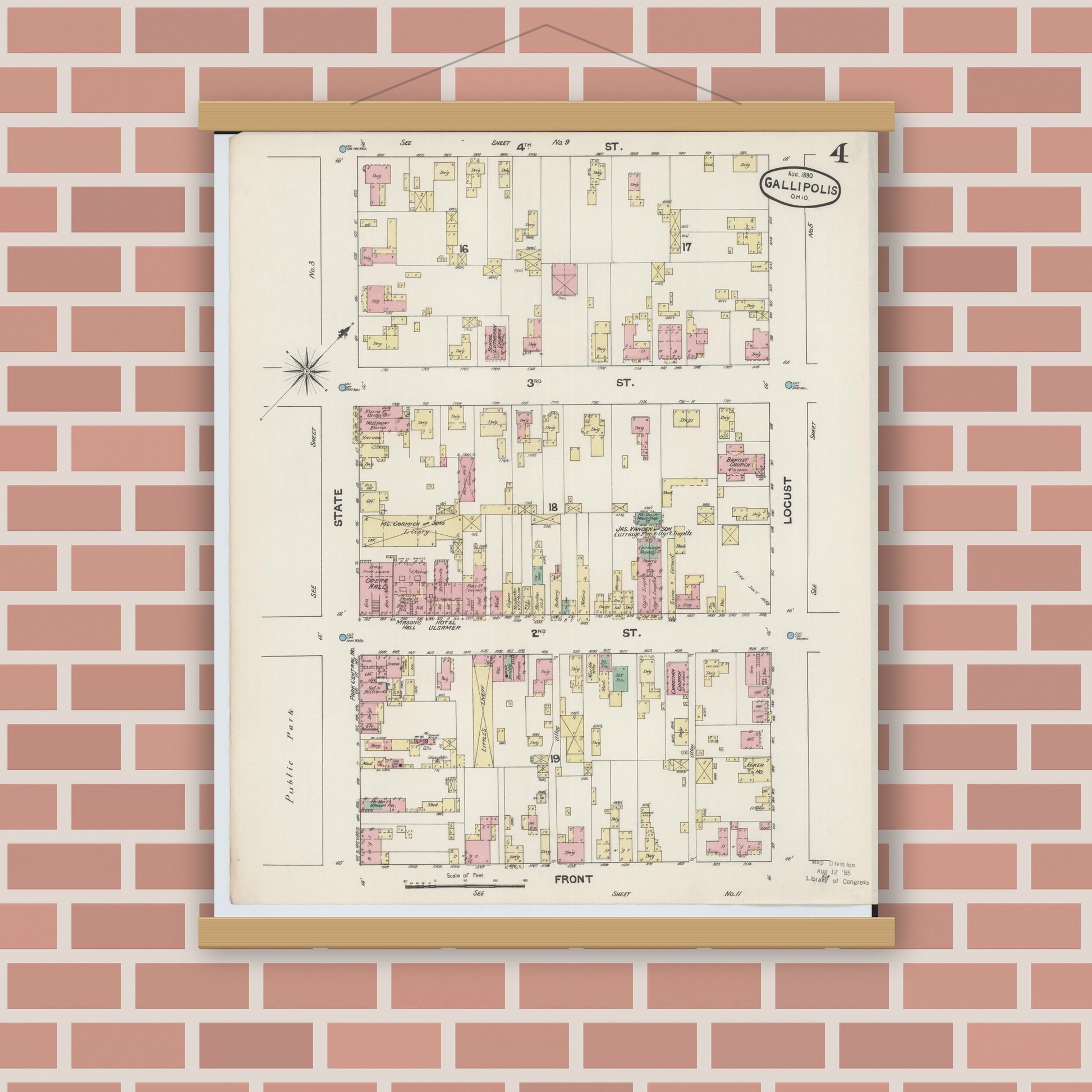 Old map wall art mockup — magnetic wood frame on brick wall — Sanborn Fire Insurance Map from Gallipolis, Gallia County, Ohio (1890), Sheet #0004