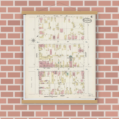 Old map wall art mockup — magnetic wood frame on brick wall — Sanborn Fire Insurance Map from Gallipolis, Gallia County, Ohio (1890), Sheet #0004