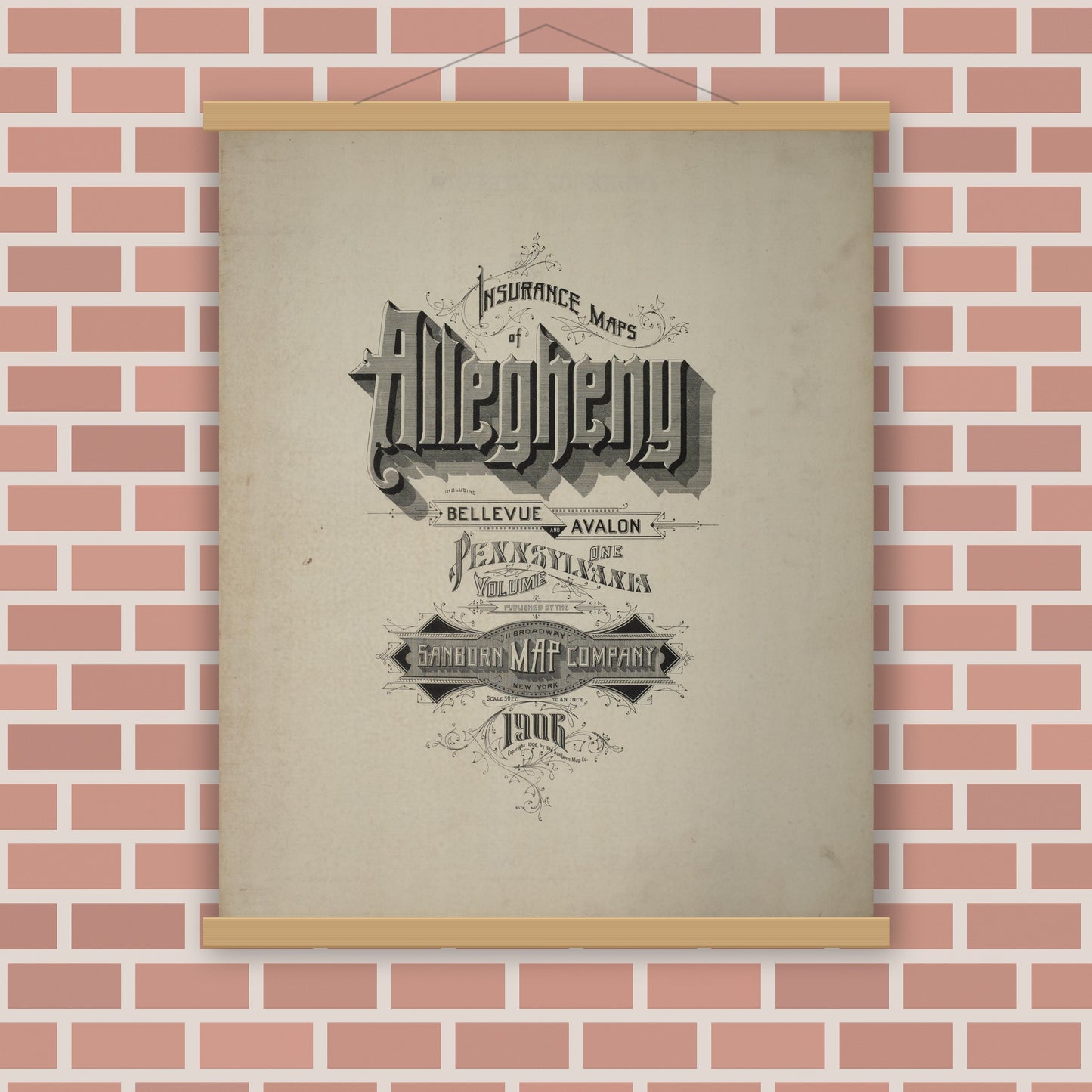 Old map wall art mockup — magnetic wood frame on brick wall — Sanborn Fire Insurance Map from Allegheny, Allegheny County, Pennsylvania (1906), Sheet #0001