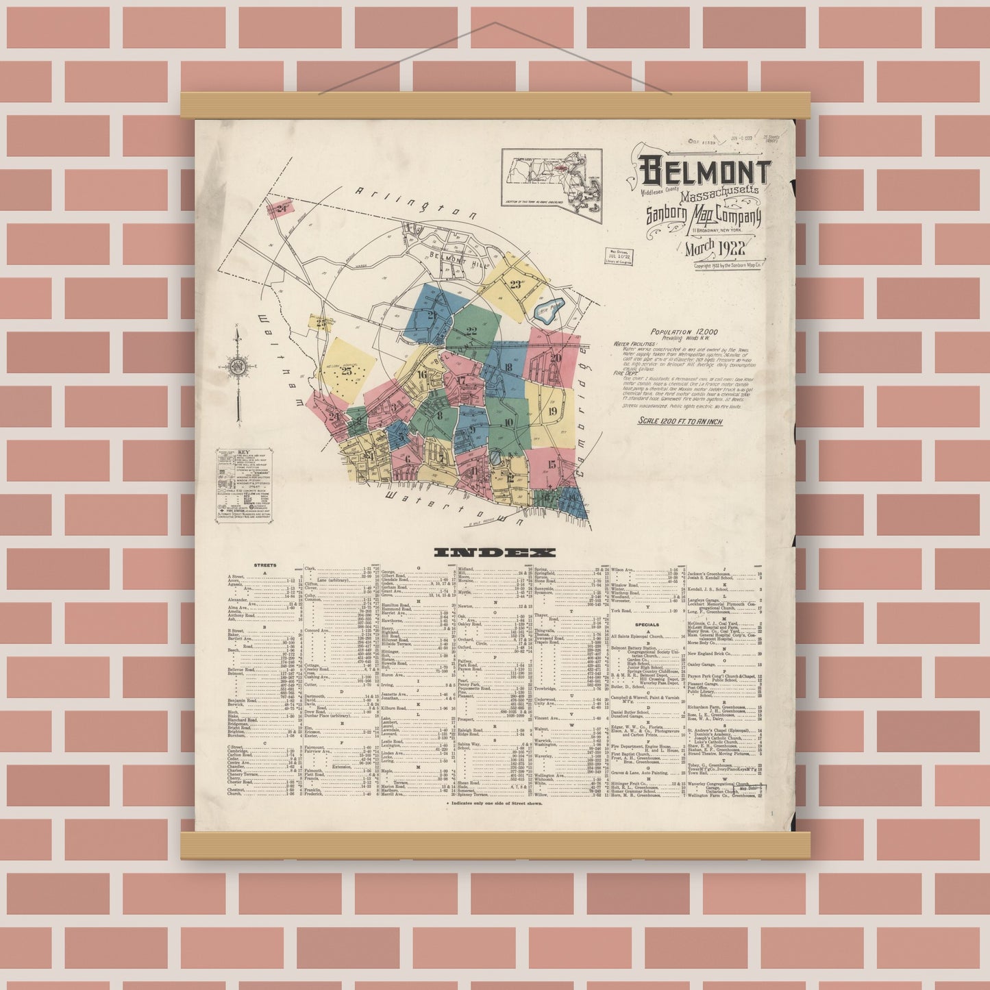 Old map wall art mockup — magnetic wood frame on brick wall — Sanborn Fire Insurance Map from Belmont, Middlesex County, Massachusetts (1922) - Complete Map Set
