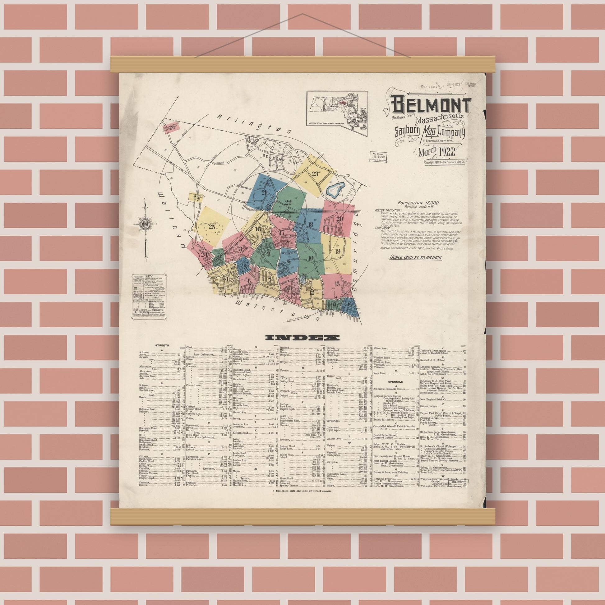 Old map wall art mockup — magnetic wood frame on brick wall — Sanborn Fire Insurance Map from Belmont, Middlesex County, Massachusetts (1922) - Complete Map Set