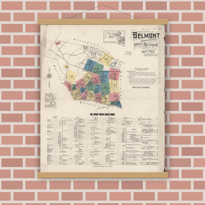 Old map wall art mockup — magnetic wood frame on brick wall — Sanborn Fire Insurance Map from Belmont, Middlesex County, Massachusetts (1922) - Complete Map Set
