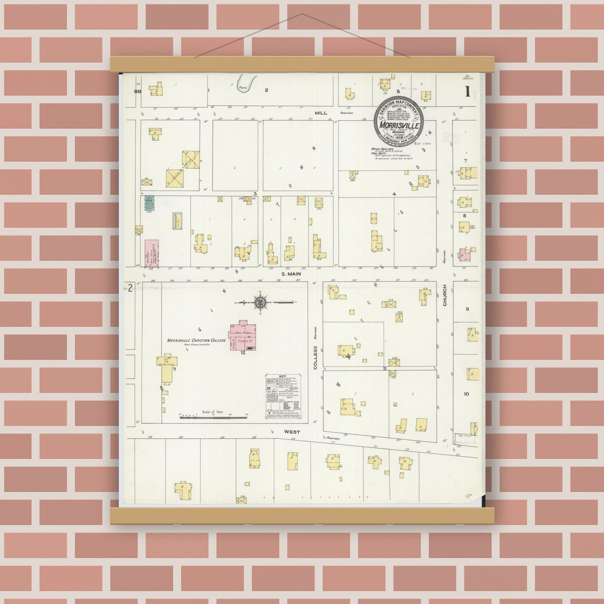 Old map wall art mockup — magnetic wood frame on brick wall — Sanborn Fire Insurance Map from Morrisville, Polk County, Missouri (1909), Sheet #0001