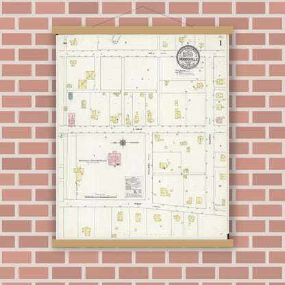 Old map wall art mockup — magnetic wood frame on brick wall — Sanborn Fire Insurance Map from Morrisville, Polk County, Missouri (1909), Sheet #0001