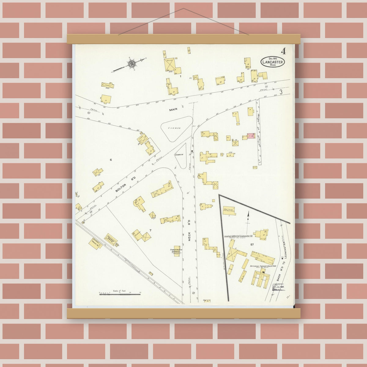 Old map wall art mockup — magnetic wood frame on brick wall — Sanborn Fire Insurance Map from Lancaster, Worcester County, Massachusetts (1910), Sheet #0004
