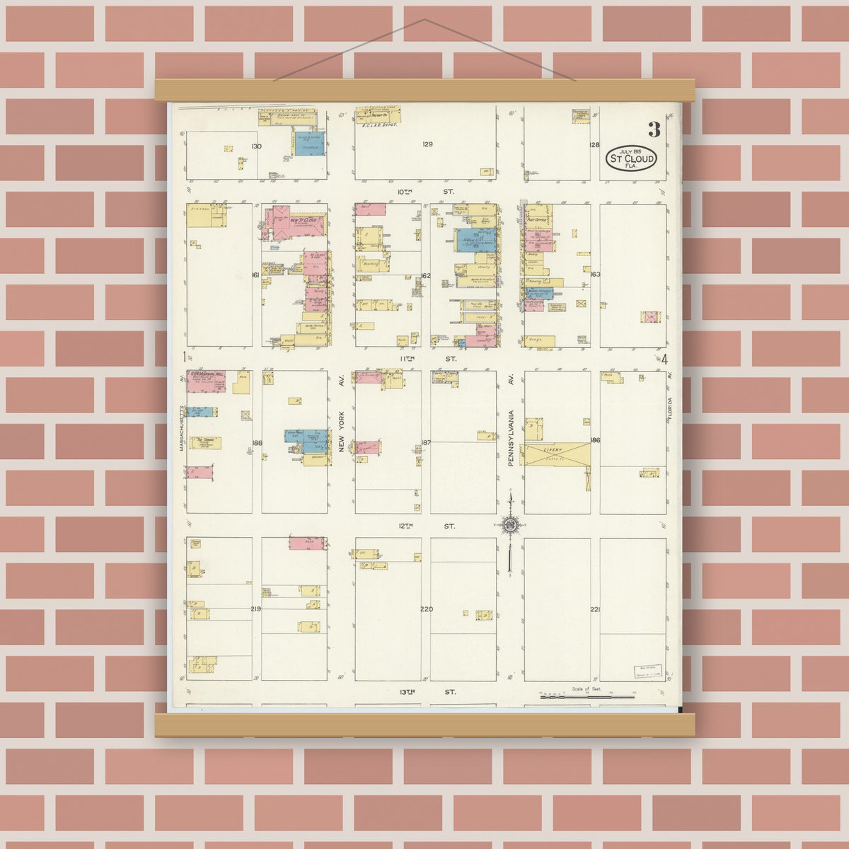 Old map wall art mockup — magnetic wood frame on brick wall — Sanborn Fire Insurance Map from Saint Cloud, Osceola County, Florida (1915), Sheet #0003