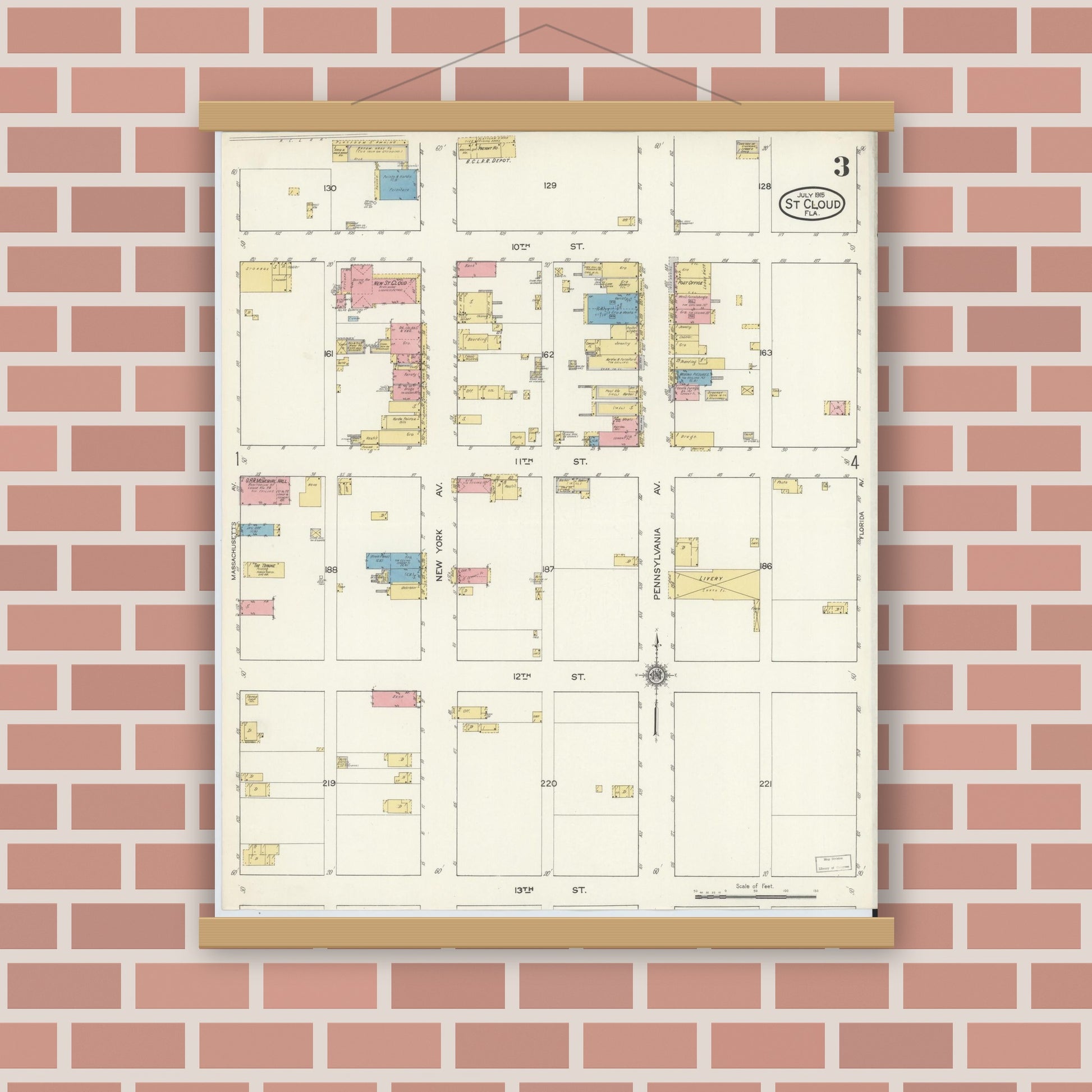 Old map wall art mockup — magnetic wood frame on brick wall — Sanborn Fire Insurance Map from Saint Cloud, Osceola County, Florida (1915), Sheet #0003