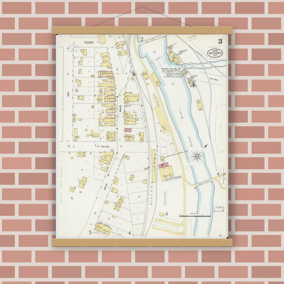Old map wall art mockup — magnetic wood frame on brick wall — Sanborn Fire Insurance Map from Necedah, Juneau County, Wisconsin (1898), Sheet #0003