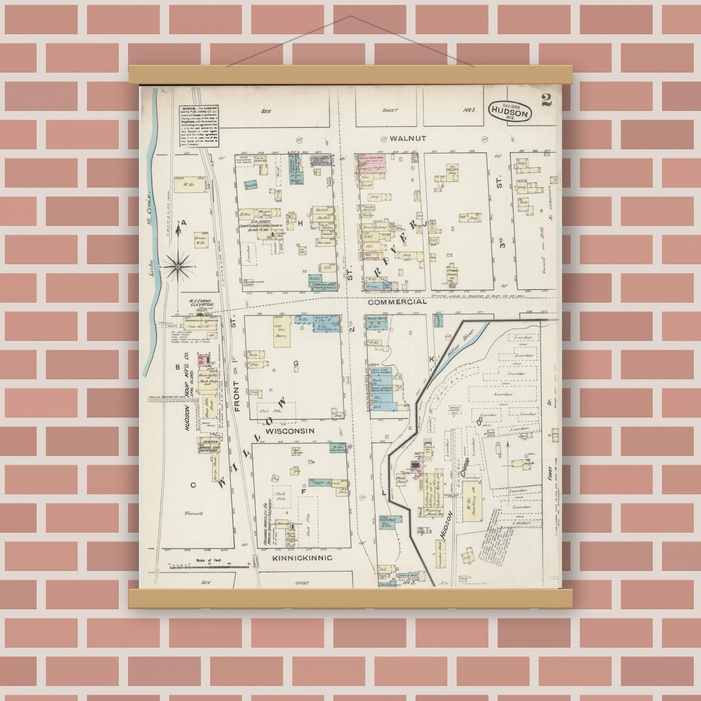 Old map wall art mockup — magnetic wood frame on brick wall — Sanborn Fire Insurance Map from Hudson, St. Croix County, Wisconsin (1884), Sheet #0002