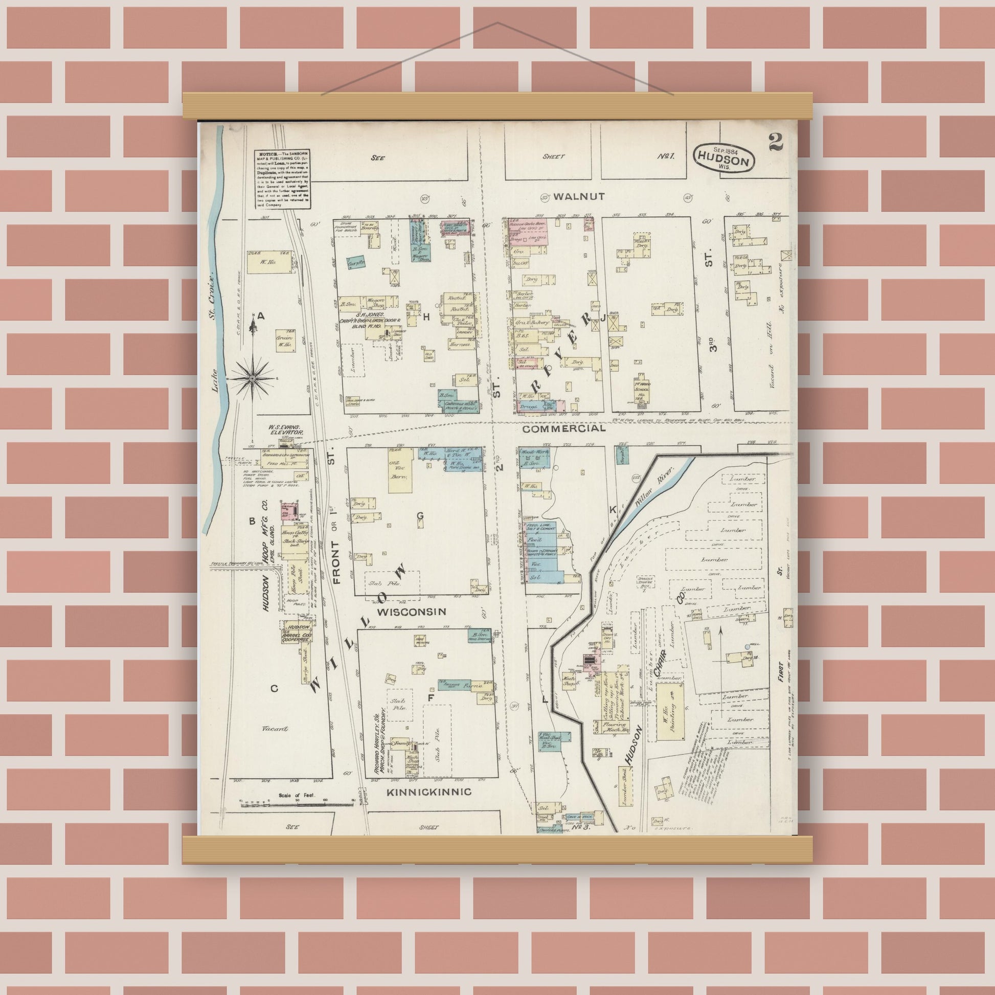 Old map wall art mockup — magnetic wood frame on brick wall — Sanborn Fire Insurance Map from Hudson, St. Croix County, Wisconsin (1884), Sheet #0002