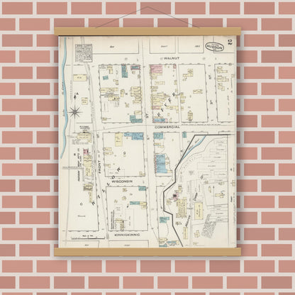Old map wall art mockup — magnetic wood frame on brick wall — Sanborn Fire Insurance Map from Hudson, St. Croix County, Wisconsin (1884), Sheet #0002