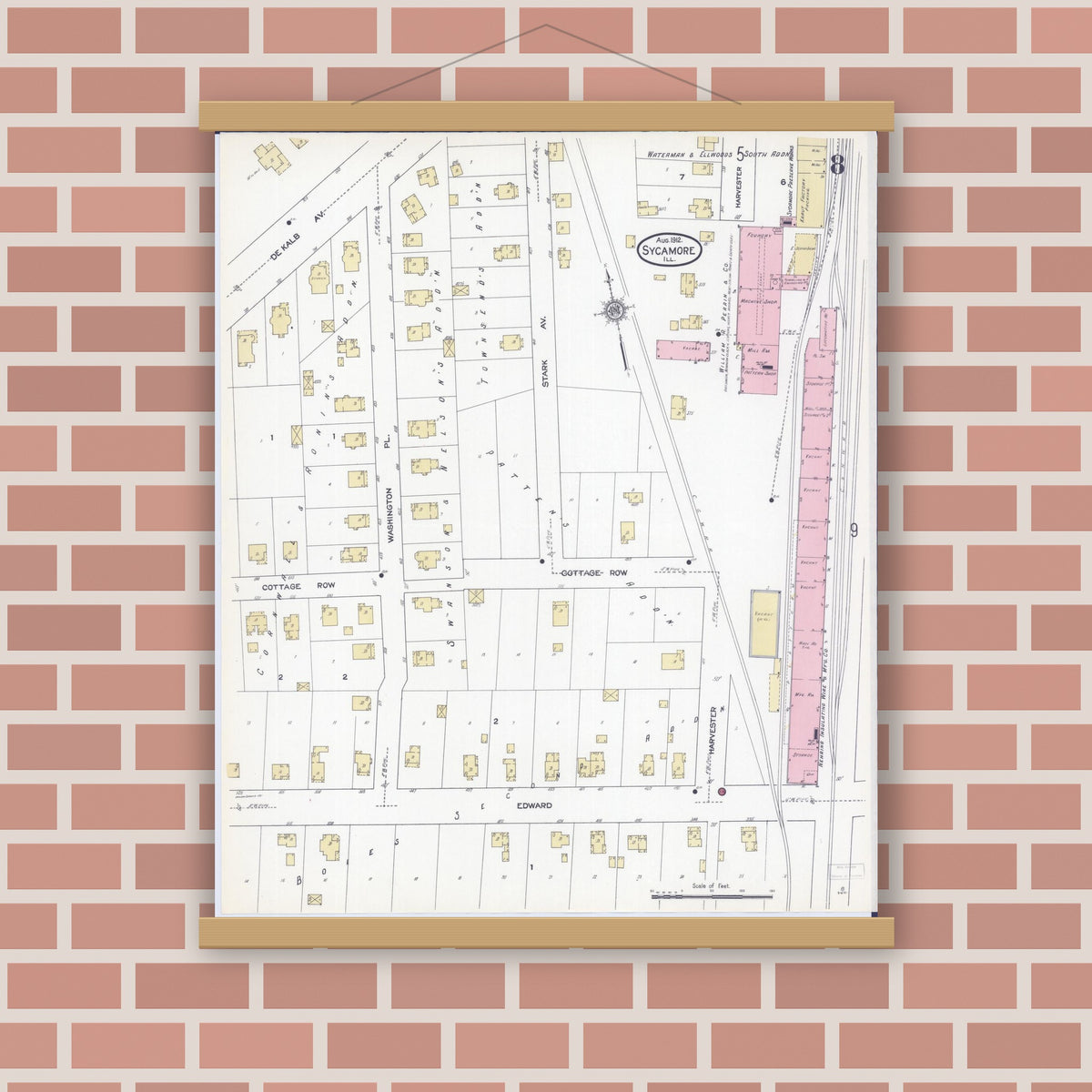 Old map wall art mockup — magnetic wood frame on brick wall — Sanborn Fire Insurance Map from Sycamore, De Kalb County, Illinois (1912), Sheet #0008