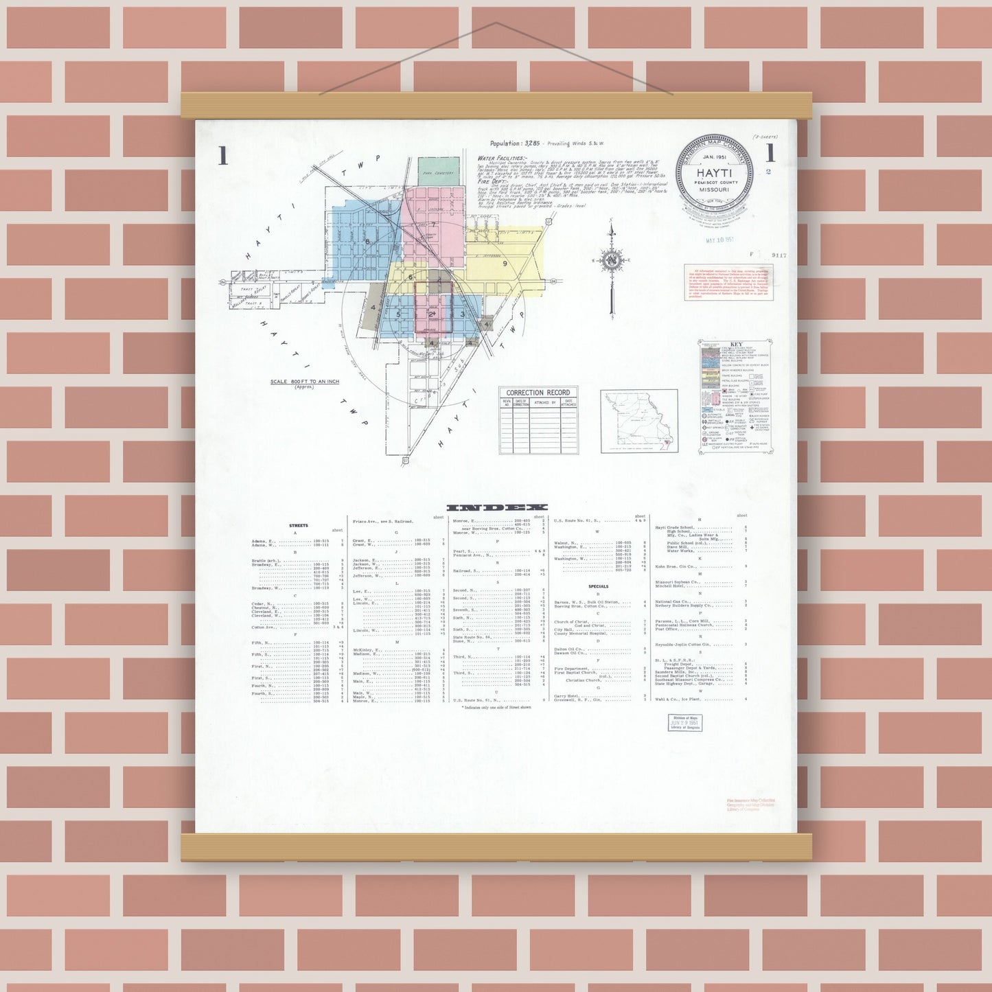 Old map wall art mockup — magnetic wood frame on brick wall — Sanborn Fire Insurance Map from Hayti, Pemiscot County, Missouri (1951) - Complete Map Set