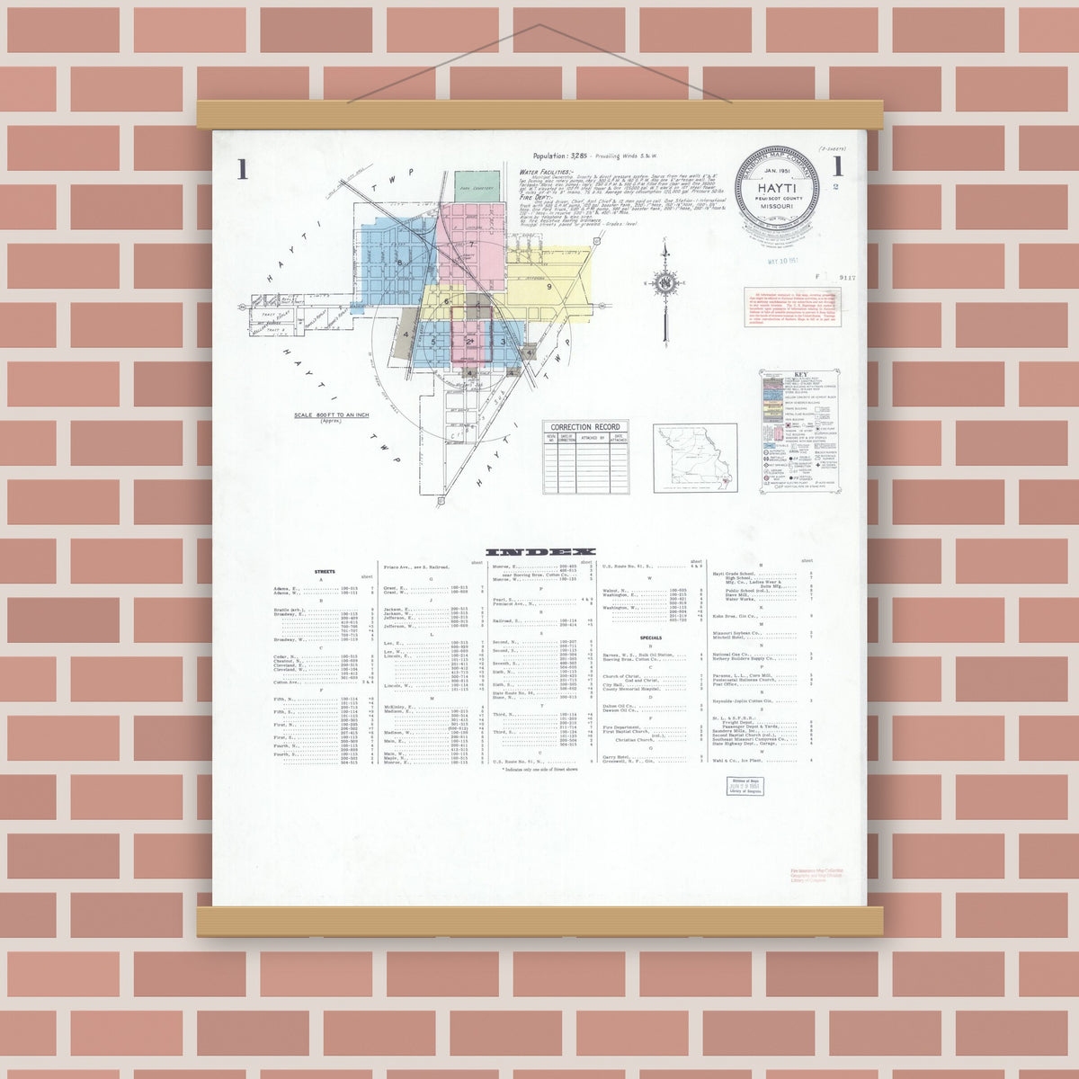 Old map wall art mockup — magnetic wood frame on brick wall — Sanborn Fire Insurance Map from Hayti, Pemiscot County, Missouri (1951) - Complete Map Set