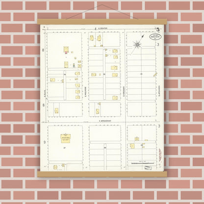 Old map wall art mockup — magnetic wood frame on brick wall — Sanborn Fire Insurance Map from Anaheim, Orange County, California (1907), Sheet #0005
