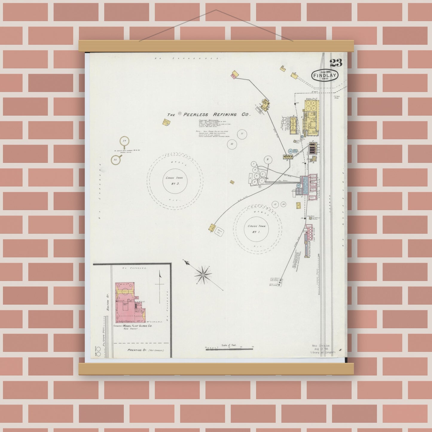 Old map wall art mockup — magnetic wood frame on brick wall — Sanborn Fire Insurance Map from Findlay, Hancock County, Ohio (1895), Sheet #0023
