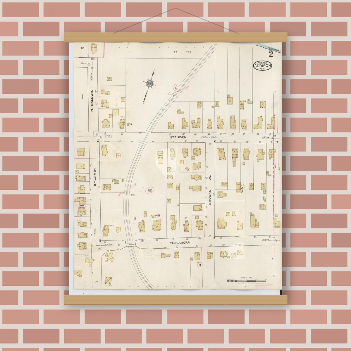 Old map wall art mockup — magnetic wood frame on brick wall — Sanborn Fire Insurance Map from Addison, Steuben County, New York (1945), Sheet #0002