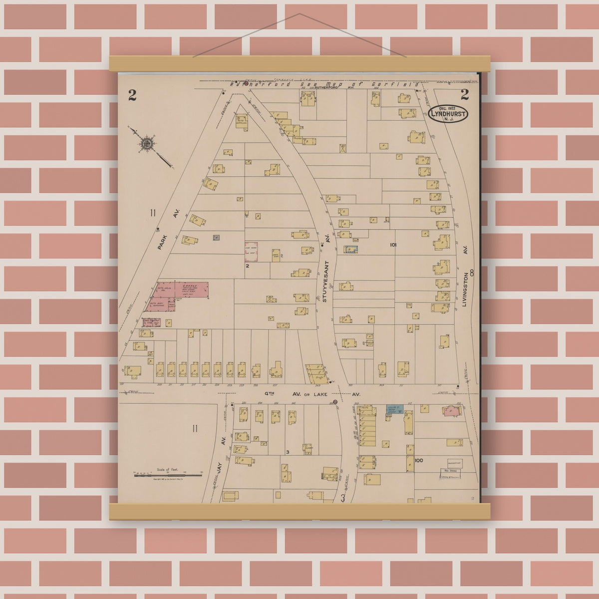 Old map wall art mockup — magnetic wood frame on brick wall — Sanborn Fire Insurance Map from Lyndhurst, Bergen County, New Jersey (1922) - Complete Map Set