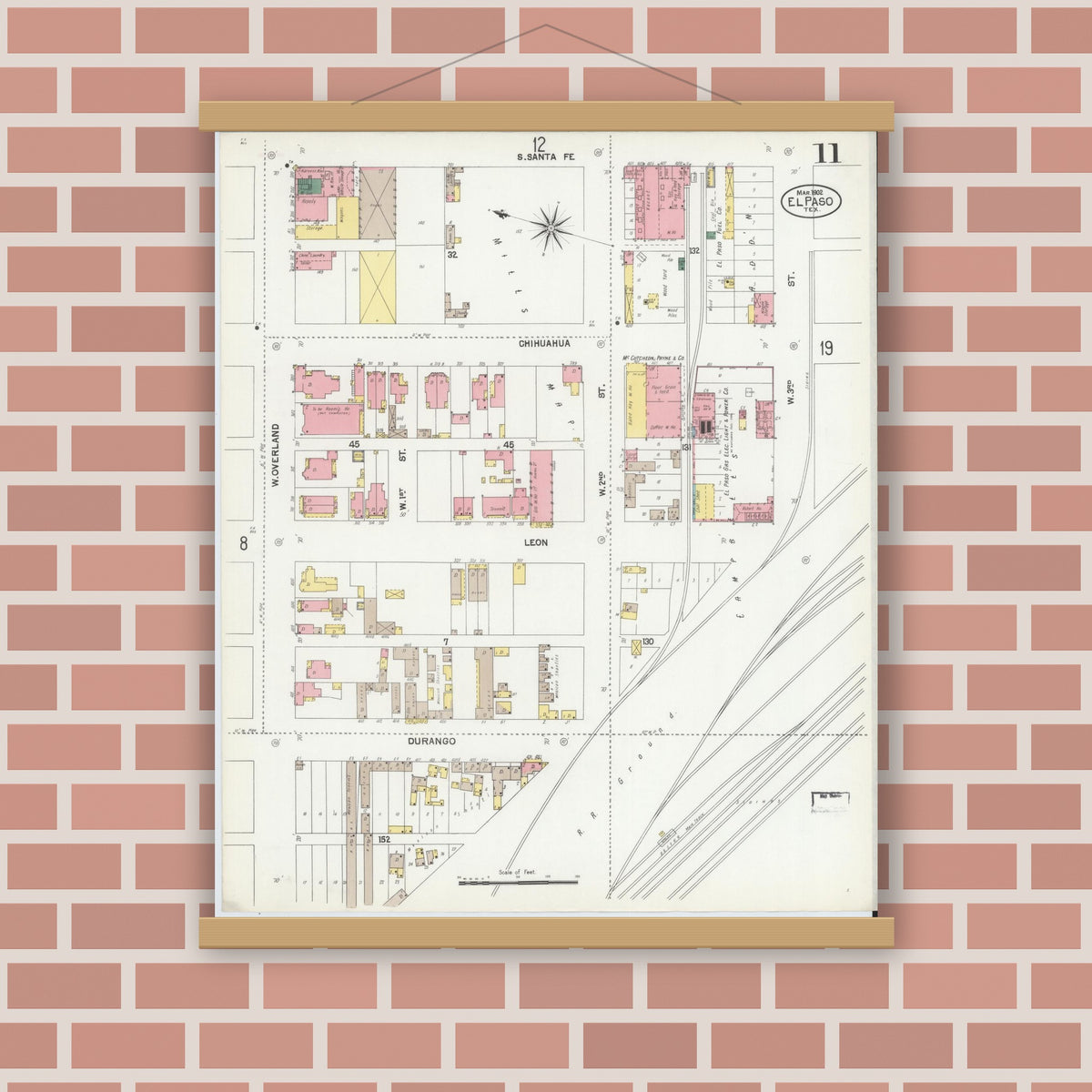 Old map wall art mockup — magnetic wood frame on brick wall — Sanborn Fire Insurance Map from El Paso, El Paso County, Texas (1902), Sheet #0011