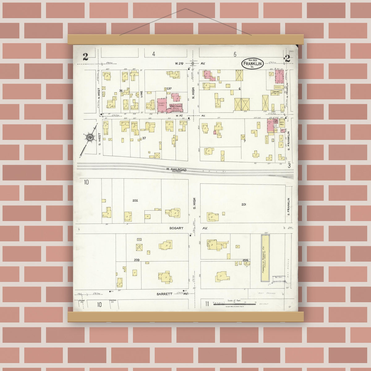 Old map wall art mockup — magnetic wood frame on brick wall — Sanborn Fire Insurance Map from Franklin, Independent Cities, Virginia (1923), Sheet #0002