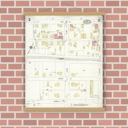 Old map wall art mockup — magnetic wood frame on brick wall — Sanborn Fire Insurance Map from Franklin, Independent Cities, Virginia (1923), Sheet #0002