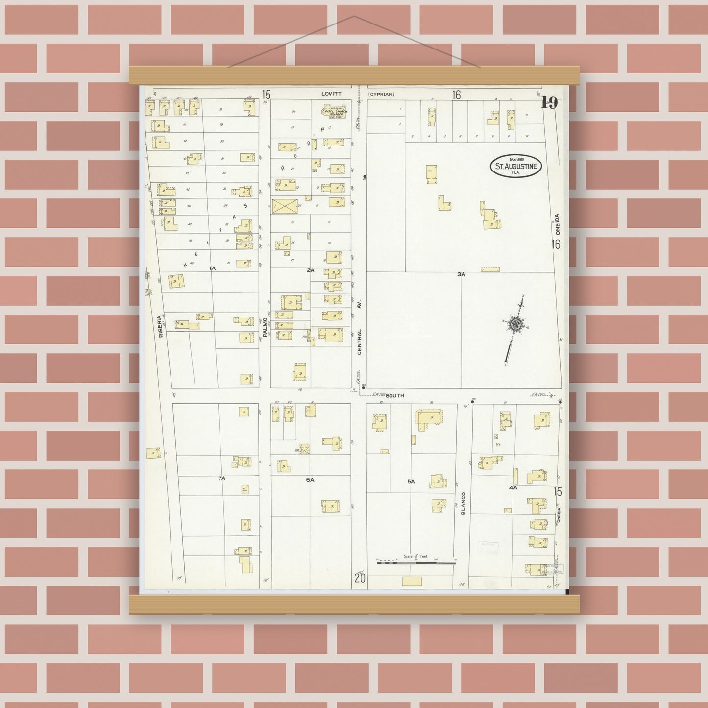 Old map wall art mockup — magnetic wood frame on brick wall — Sanborn Fire Insurance Map from Saint Augustine, Saint John's County, Florida (1910), Sheet #0019