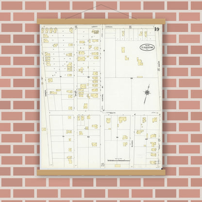 Old map wall art mockup — magnetic wood frame on brick wall — Sanborn Fire Insurance Map from Saint Augustine, Saint John's County, Florida (1910), Sheet #0019