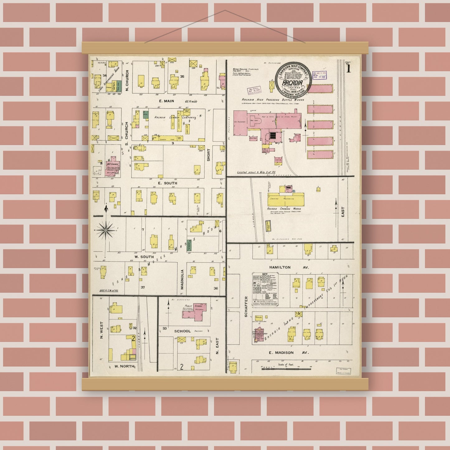 Old map wall art mockup — magnetic wood frame on brick wall — Sanborn Fire Insurance Map from Arcadia, Hamilton County, Indiana (1909), Sheet #0001