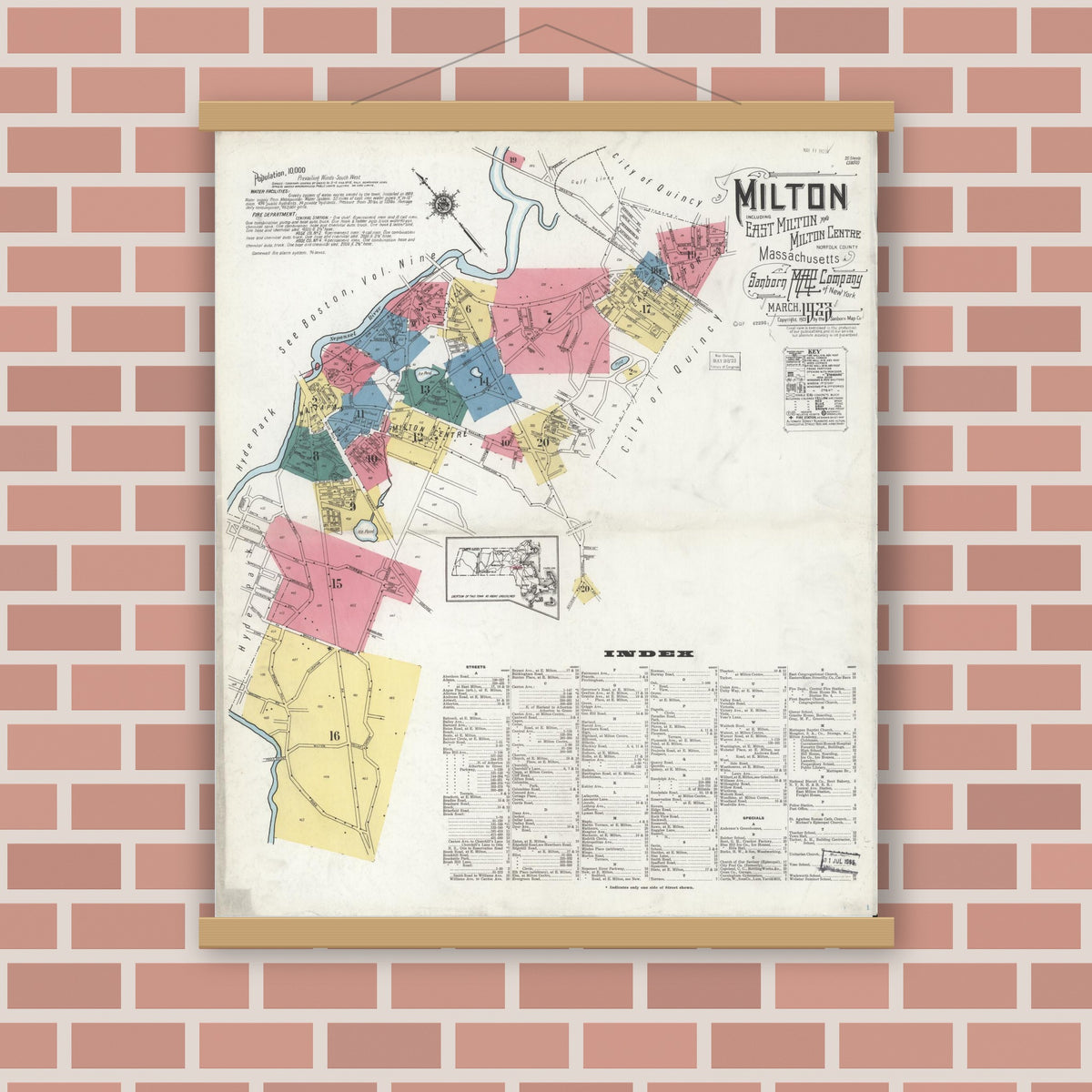 Old map wall art mockup — magnetic wood frame on brick wall — Sanborn Fire Insurance Map from Milton, Norfolk County, Massachusetts (1923), Sheet #0001