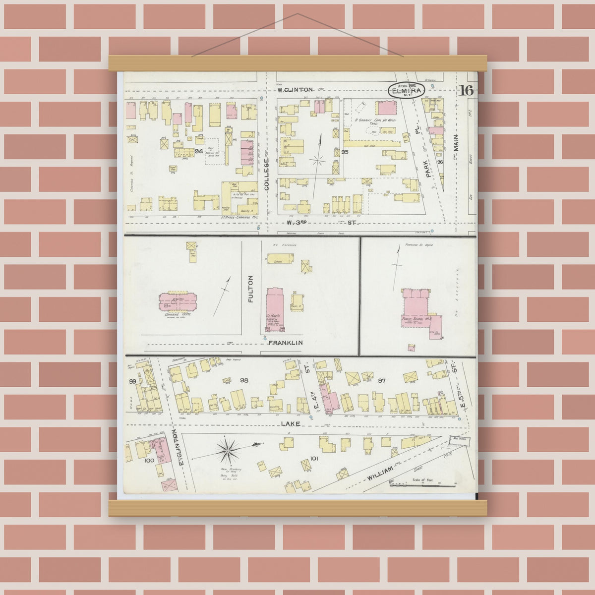 Old map wall art mockup — magnetic wood frame on brick wall — Sanborn Fire Insurance Map from Elmira, Chemung County, New York (1892), Sheet #0016