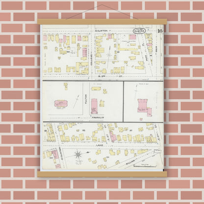 Old map wall art mockup — magnetic wood frame on brick wall — Sanborn Fire Insurance Map from Elmira, Chemung County, New York (1892), Sheet #0016
