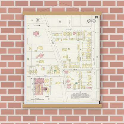 Old map wall art mockup — magnetic wood frame on brick wall — Sanborn Fire Insurance Map from Portsmouth, Scioto County, Ohio (1897), Sheet #0015